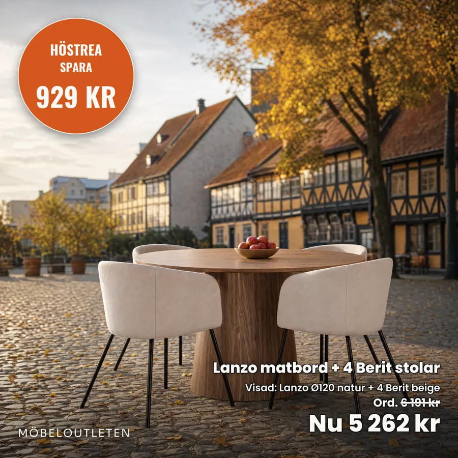Lanzo matbord med fyra Berit stolar på en gata i Malmö, Höstrea