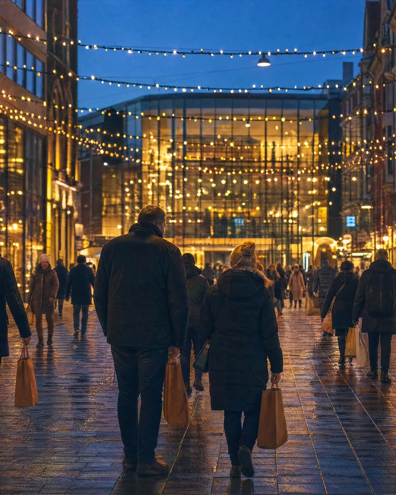 Gågata i Malmö i november med ljusslingor och människor med kassar