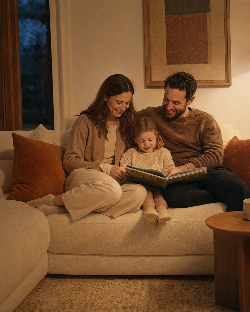 En familj läser en bok tillsammans i en ljus soffa en kväll